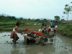 A woman in a red sari operates a power tiller in a muddy paddy field in Odisha, India, as children watch in the background.